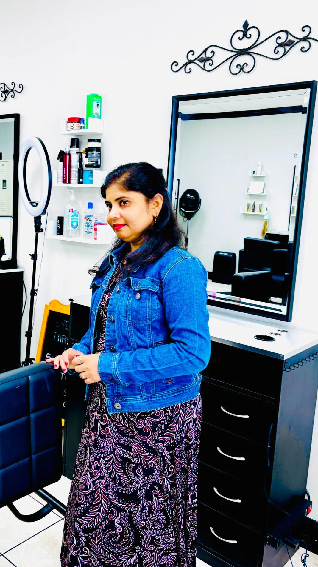 Shivani in the salon near a styling mirror